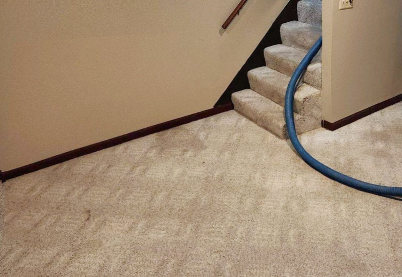 The foot of a carpeted staircase before cleaning, with the cleaning hose still running across it