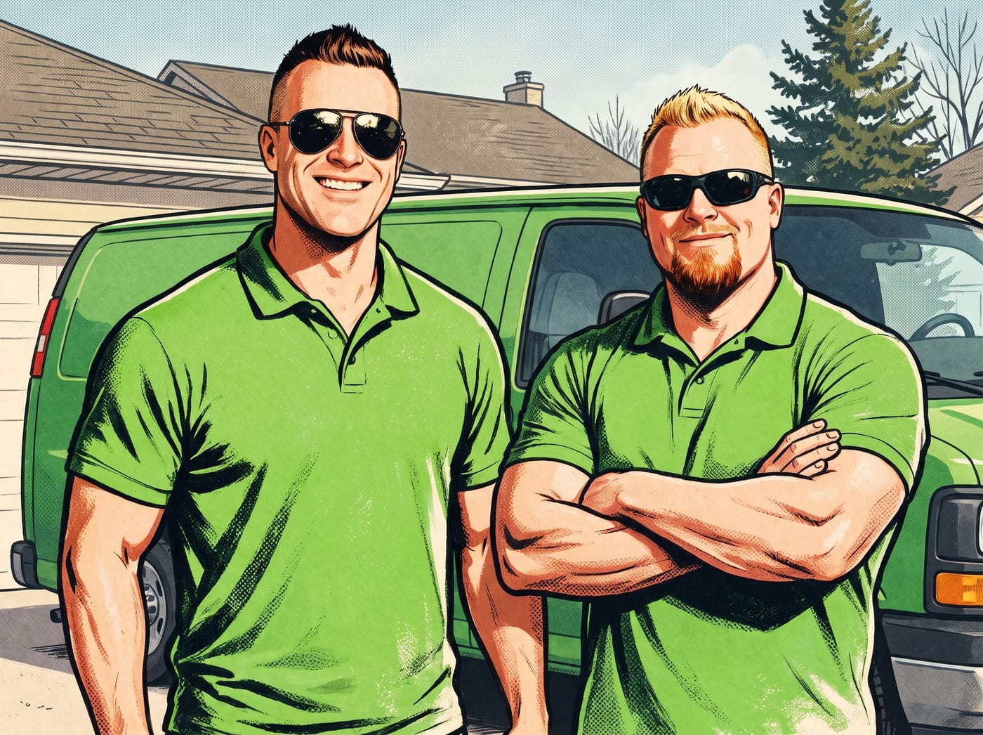 Justin and Ryan with the green van outside a customer's home