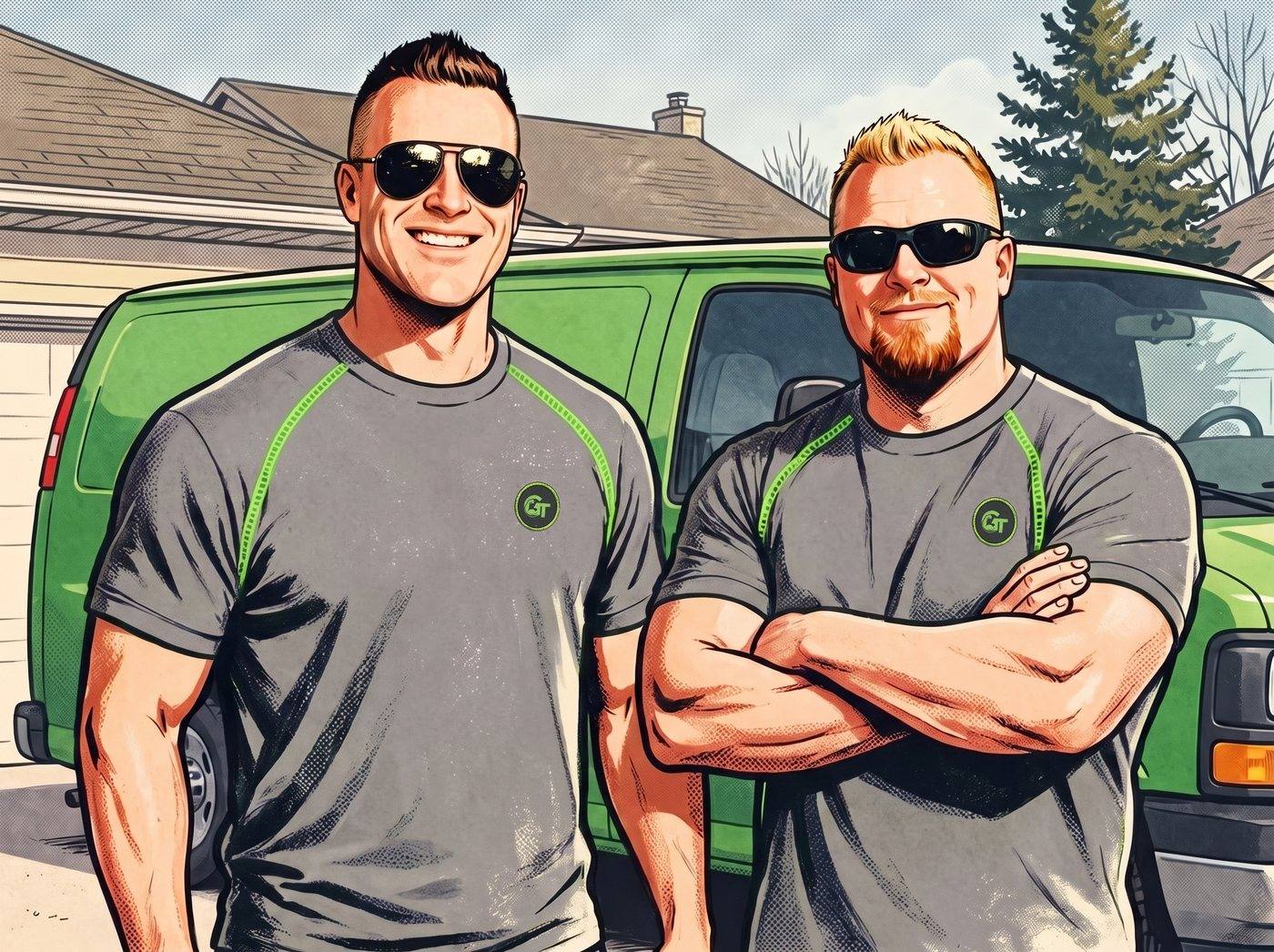 Justin and Ryan with the green van outside a customer's home