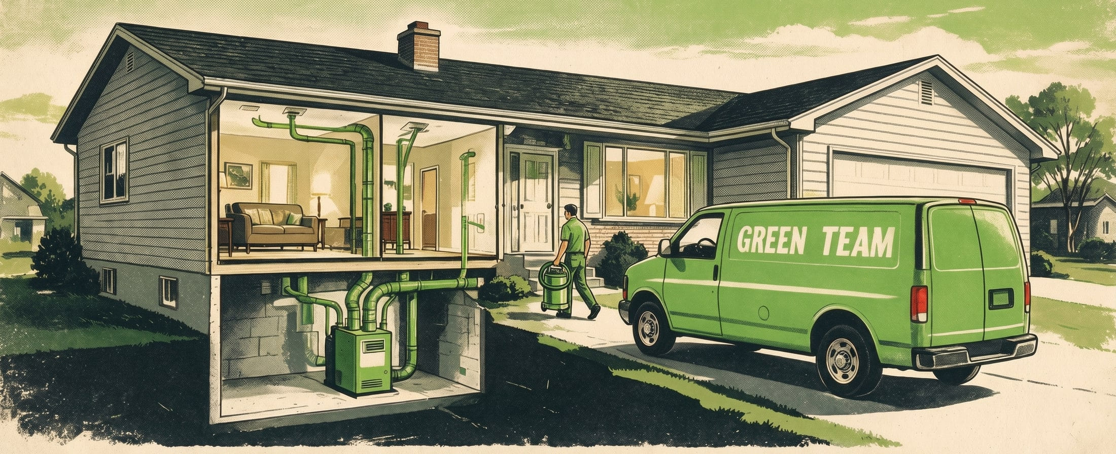 Cutaway of a Minnesota house showing the ductwork running from the furnace to every room, with a Green Team crew member carrying a portable vacuum up to the front door and the van parked on the driveway