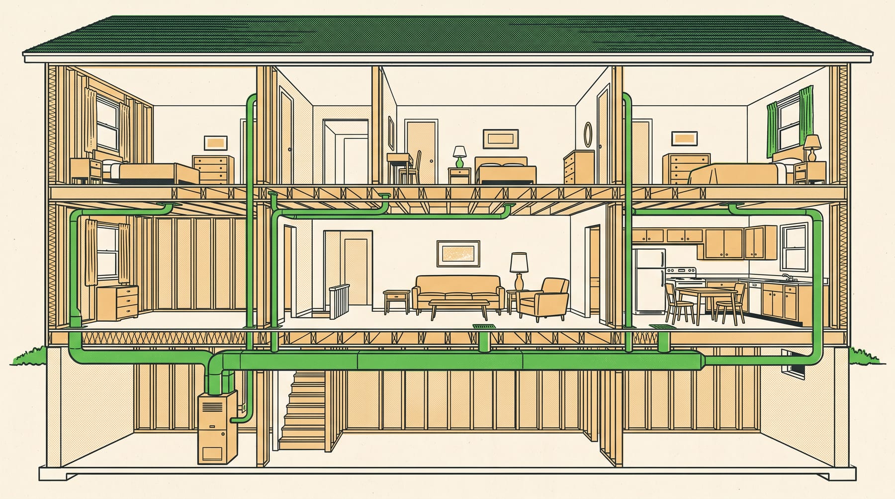 A cutaway of a two storey house showing the ductwork running from the furnace in the basement up through the walls to every room