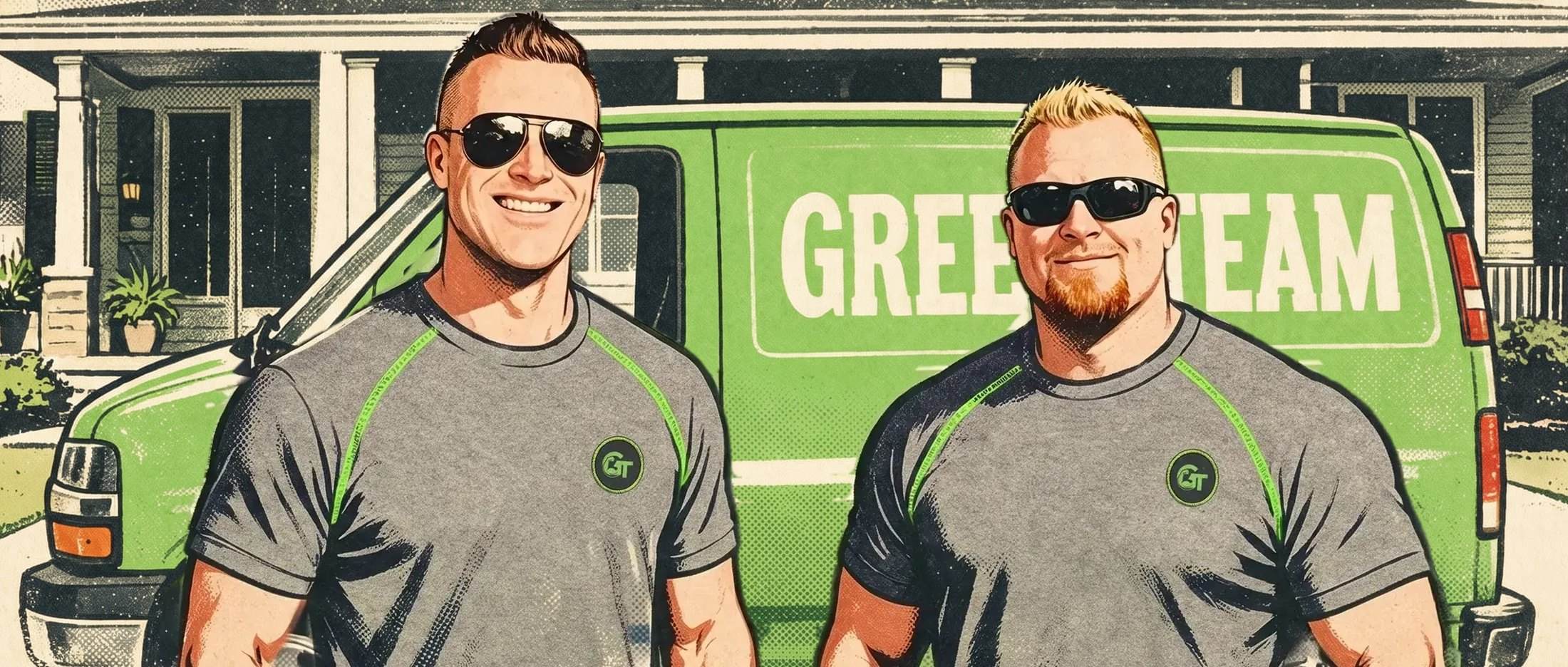 Justin and Ryan with the Green Team van outside a customer's home