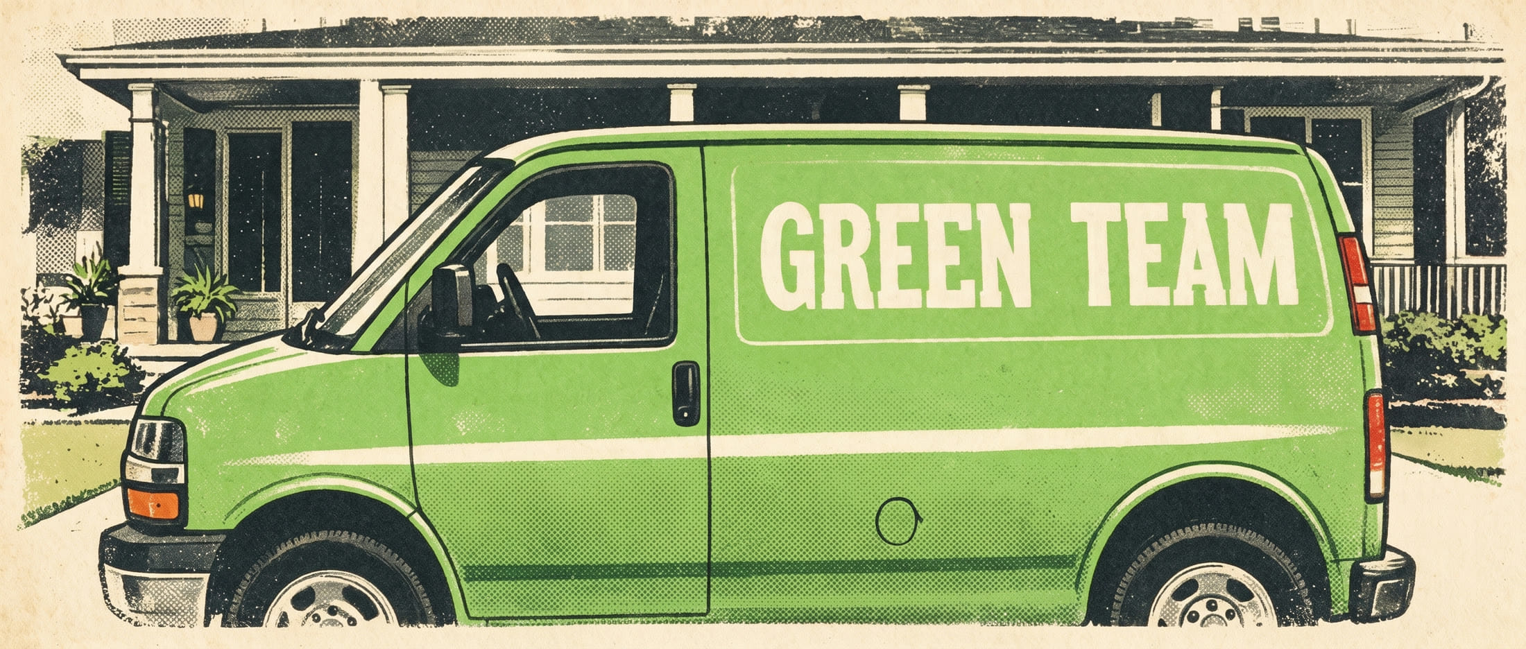 The Green Team van parked outside a customer's home