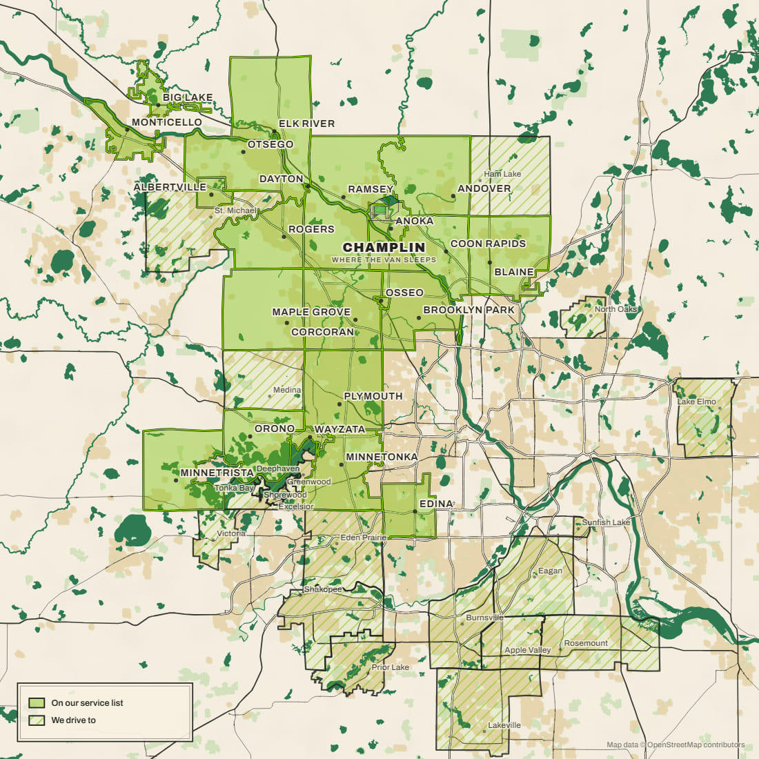 A map of the Twin Cities metro showing the 23 towns Green Team lists as its service area filled in, the 20 they drive to hatched, and their base in Champlin marked