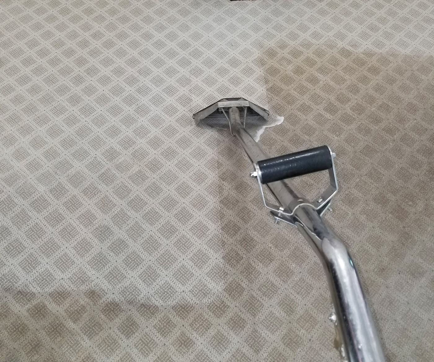 A cleaning wand pulling a clean stripe through carpet