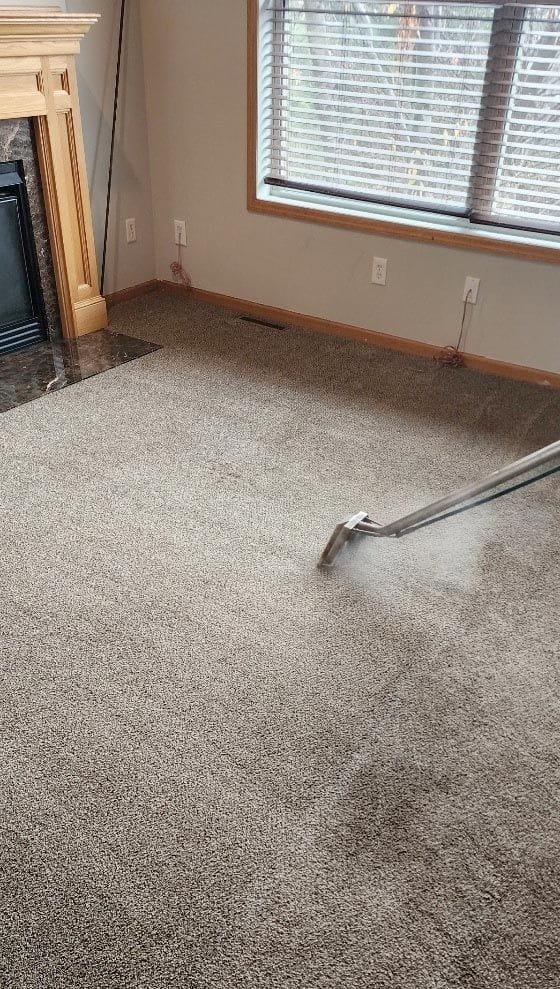 The cleaning wand part way across a soiled carpet